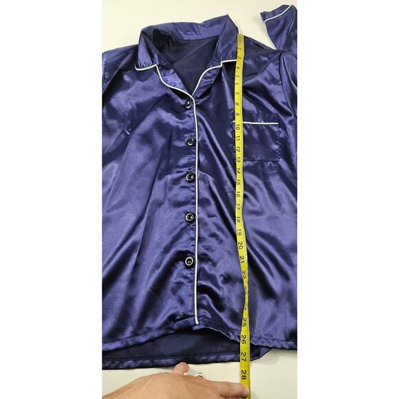 XL lounge sleep set silky navy blue button front elastic waist wode leg NWOT - Picture 5 of 8